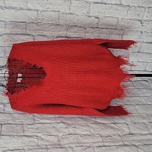 PINK LILY Red Fringed V-neck Oversized Sweater Medium‎